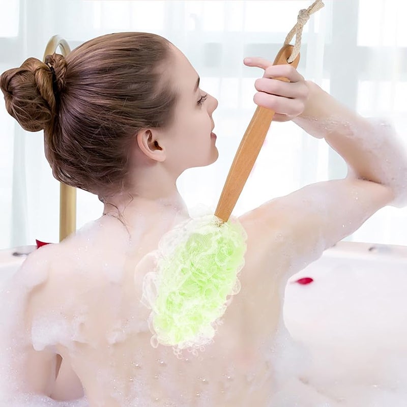 Long Handle Back Scrubber Bath Brush Wood Handle Exfoliating Shower Washer Green White - Image 4